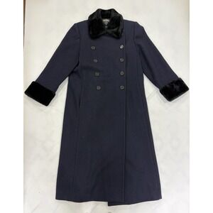 Braetan Wool Maxi Coat Women's 10 Navy Faux Fur Collar & Cuffs Long Winter